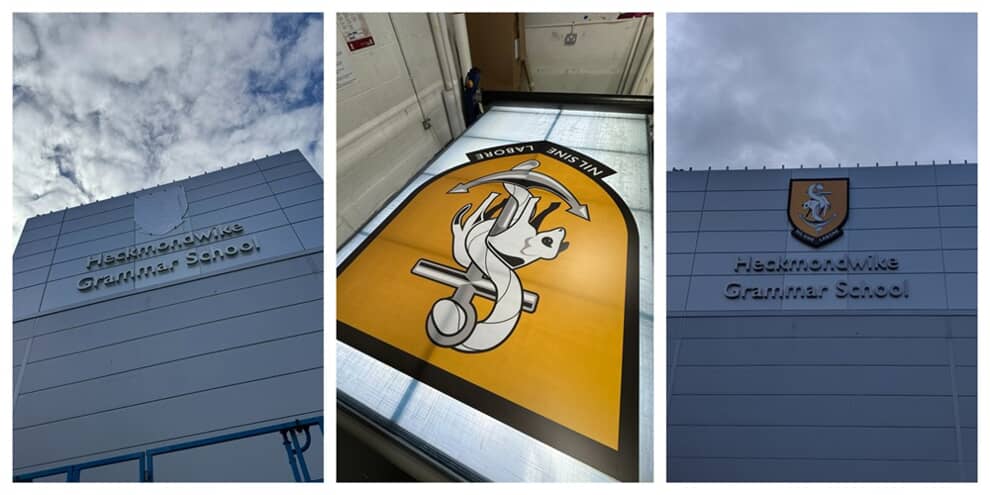 A collage of the Hekmondwick School signage before and after the logo installation.